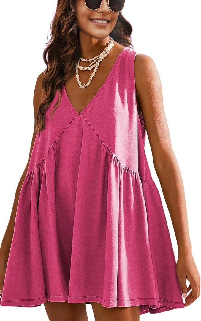 Athlisan Women's Summer Sleeveless Mini Dress Casual Loose V Neck Sundress with Pockets (XX-Large, Rose red)