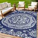 Capslpad Outdoor Rug 5x8 Blue Waterproof Outside Plastic Straw Rug, Reversible Boho Floral Balcony Carpet Foldable Camping Area Rug with Carry Bag for RV Patio Backyard Deck Bench Picnic Porch