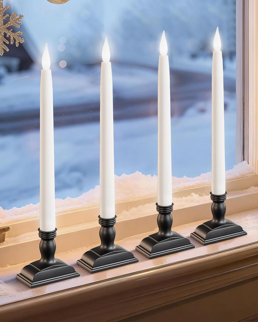 Otnofok 13.2" Window Candles Battery Operated with Timer, 6h On/18h Off, LED Flickering Flame, 5000K Cool White Christmas Candle Lights for Windows, Indoor Holiday Decor, 4 Pack, Black Holders
