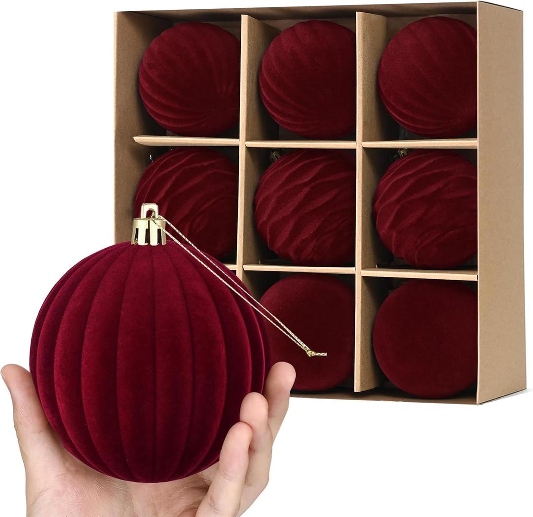 Waipfaru 9PCS 3.94In Large Velvet Ornaments for Christmas Tree, Burgundy Red Velvet Christmas Ornaments Balls Set, Shatterproof Flocked Hanging Ornaments for Xmas Tree Wreath Garland Home Decor