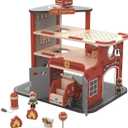Freniland Wooden Fire Station Playset, 4-Level Pretend Play Firehouse with Fire Truck, Helicopter, Figures & Accessories, Educational Role Play Toy for Toddlers Kids Age 3+