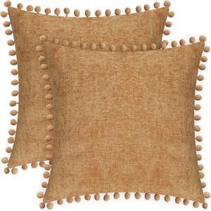CaliTime Throw Pillow Cases Pack of 2 Cozy Solid Dyed Soft Chenille Cushion Covers with Pom Poms for Couch Sofa Home Decoration 18 X 18 Inches Apricot Brown