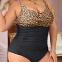 Aqua Eve Womens Plus Size One Piece Swimsuit- Tummy Control Bathing Suit Full Coverage Swimwear, 14 Plus, Brown Lepoard and Black