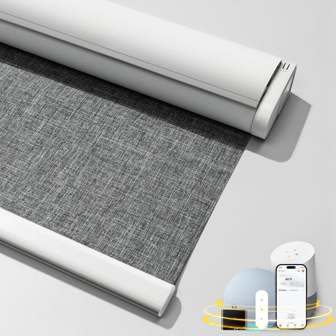 Motorized Smart Blinds with Remote - Cordless Electric Roller Shades, Blackout, Compatible with Alexa & Google Assistant, Gray, 24" W x 72" H