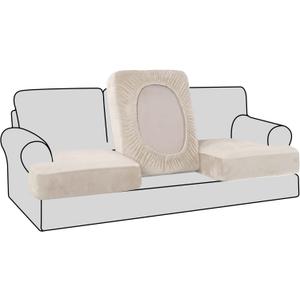 H.VERSAILTEX Stretch Velvet 3 Piece T Cushion Sofa Slipcovers Individually Covers for 3 Cushion Couch Seat Cushion Covers for Sofa Seat Cushion Covers Stay in Place(Sofa, Ivory)