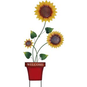 hogardeck Garden Decor for Outside, 39" Sunflower Pot Decorative Garden Stakes for Spring Outdoor Decor, Metal Yard Art Sunflower Welcome Sign for Porch Patio Lawn Pathway Backyard Decorations (Gold, Green)