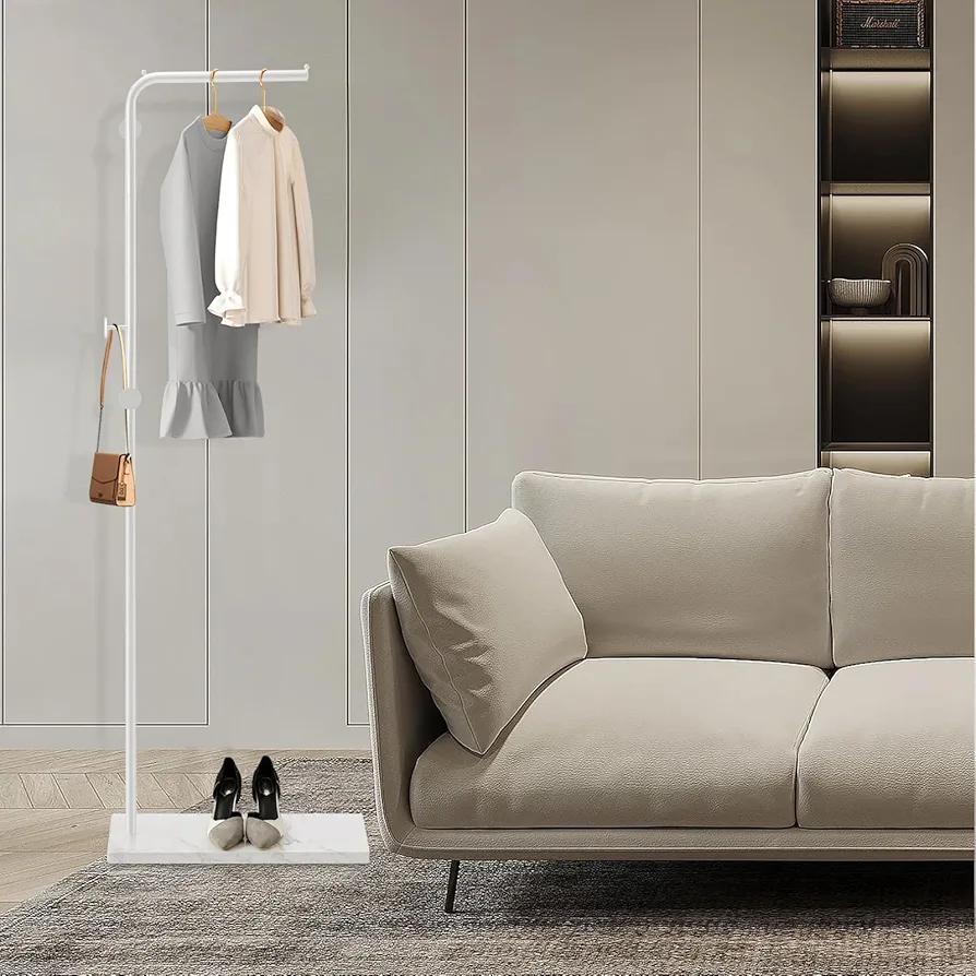 Tenkovic Metal Coat Rack Freestanding, Coat Rack Stand with Heavy-weight Natural Marble Base, 67” Coat Hanger Stand with 3 Hooks for Bedroom, Office, Hallway, Entryway, Living Room (White)
