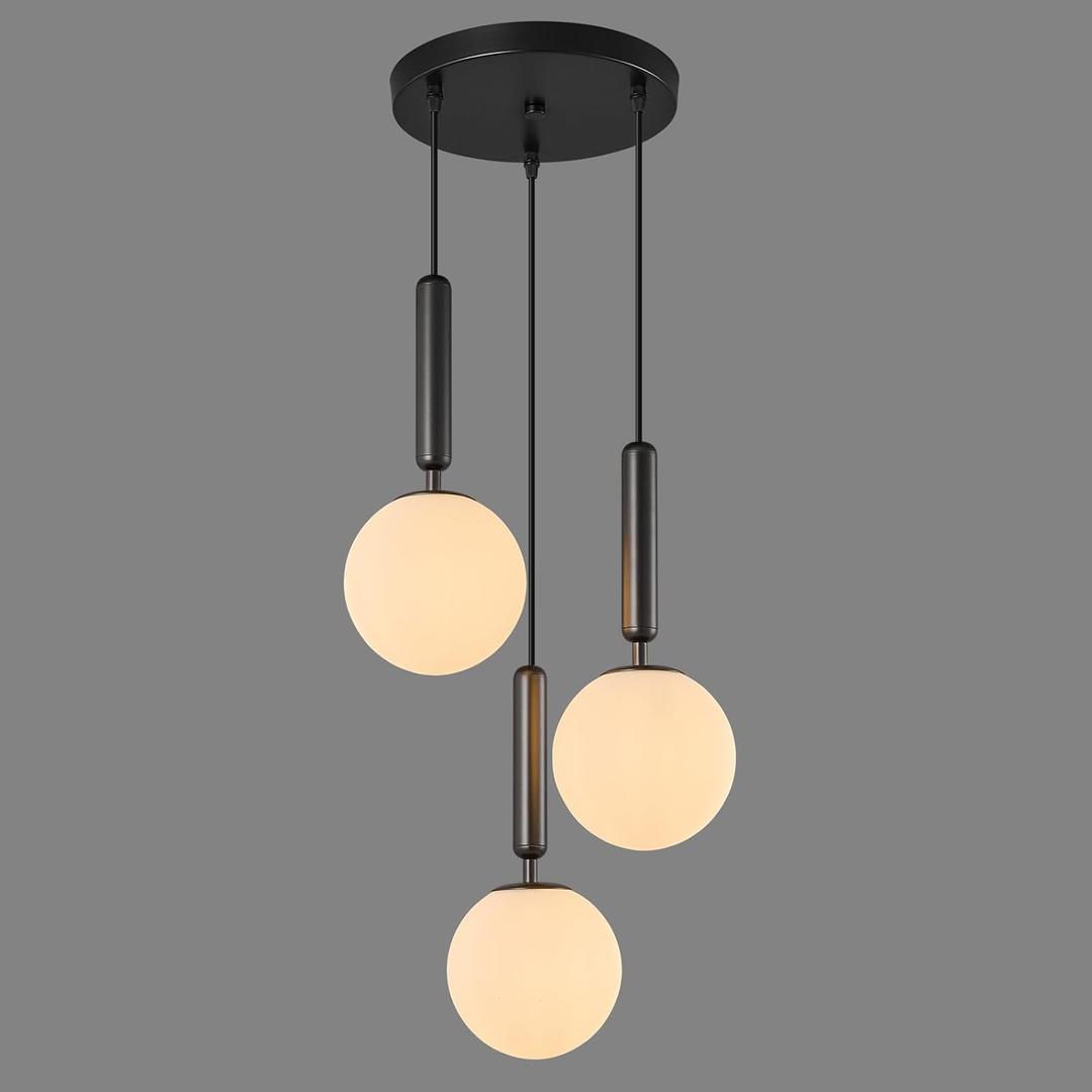 Modern Black Pendant Light Hanging Fixture Light for Kitchen Island Mid Century with Globe Pendant Light Milk White Glass Pendant Lighting for Living Room Bedroom Entryway (3 Lights), 1-Pack Round 3-Light