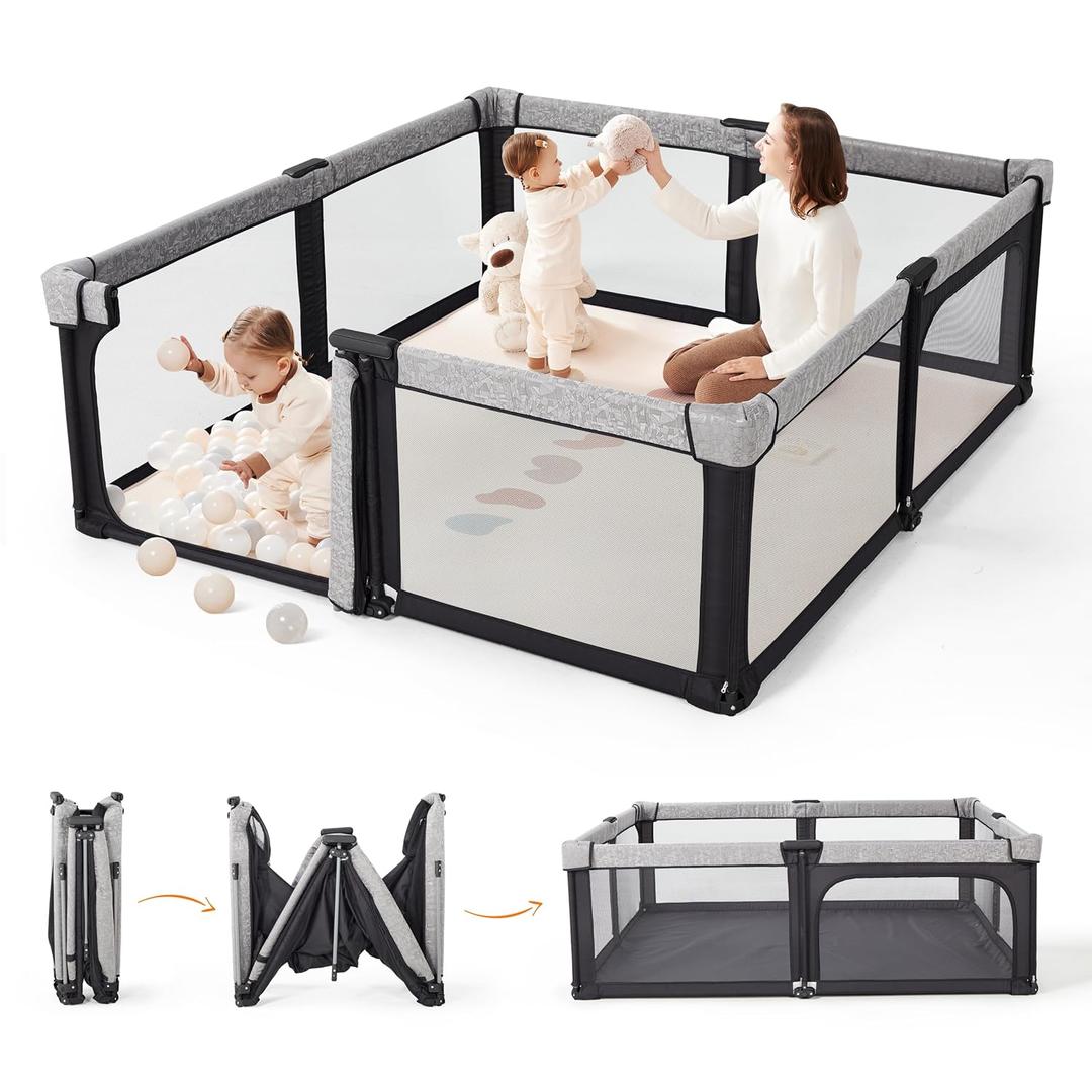 Sweeby Baby Playpen, 79x71 Inch Foldable Playpens for Babies and Toddlers with Gate, Extra Large Playpen with Door Play Yard for Baby Fence Indoor and Outdoor Play Pen, Obsidian Black