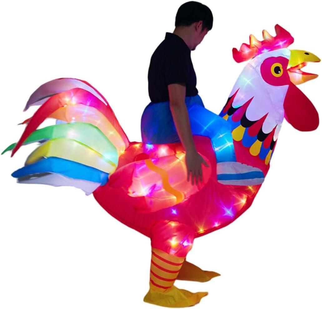 Letsglow Adult Inflatable Ride-on Rooster Costume, Man Women Chicken Suit with LED Lights Funny Glow for Halloween Christmas (Red Rooster, Adult)