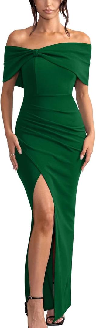 GOBLES Women's Elegant Strapless Ruffle Shoulder Short Sleeve Side Split Bodycon Ruched Formal Dress (Large, Green)
