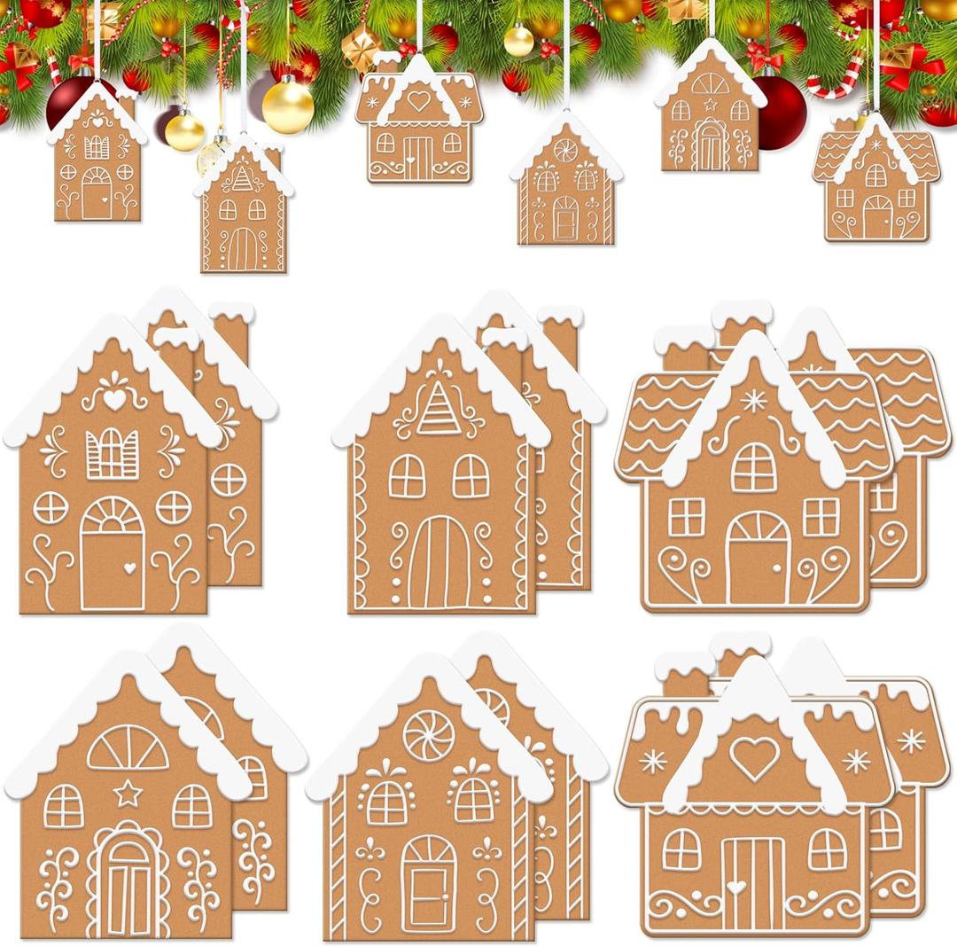 12 Pcs Christmas Gingerbread House Ornaments 3.5 Inch Clay Christmas Tree Cookie Decorations for Xmas Hanging Tree Decoration with Strings Home Decor Ornaments House Shaped