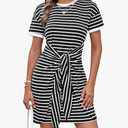 GRACE KARIN Striped Shirt Dresses for Women Front Tie Crewneck Wrap Dress Short Sleeve T-Shirt Casual Mini Bodycon Dress M