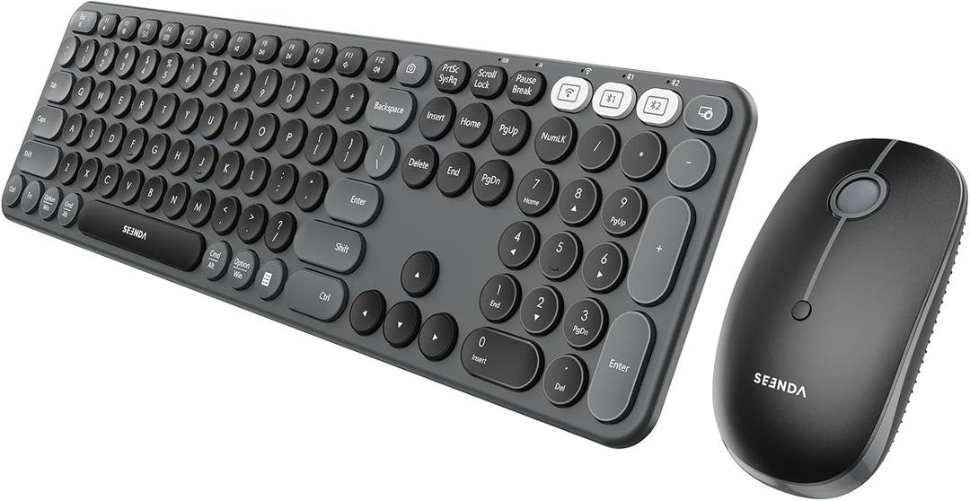 Seenda Wireless Bluetooth Keyboard Mouse Combo, COE202 Retro Cute Round Keyboard, Silent Mouse, 3 Multi-Device Connection, Full Size Compatible for PC/Laptop/Mac/MacBook/iPad/Tablet, Black