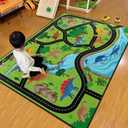 Kids Rug, Jurassic Forest Park Road System Playmat Rugs - 5x7 Ft Kids Carpet with Rubber Backing, Stegosaurus Spinosaurus Dinosaur Play Mat Great for Playing with Cars for Bedroom Playroom Nursery Rug (5' x 6'8" (Rectangular))