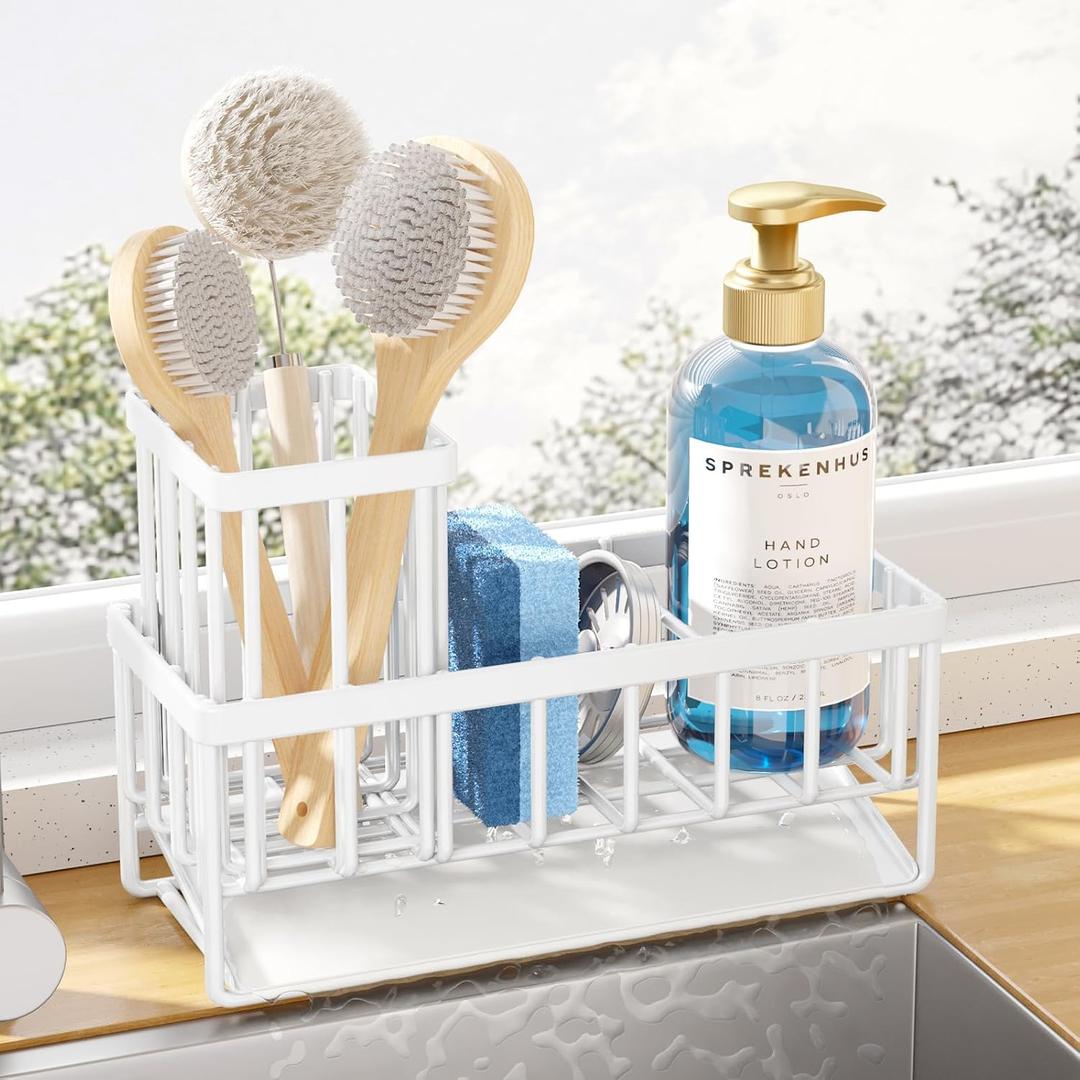 Kitsure Sponge Holder for Kitchen Sink - Rustproof Stainless Steel Sink Caddy Organization and Storage Essentials with High Brush Holder, Home Decor Accessories, 7.9" x 3.7" x 6.2", White