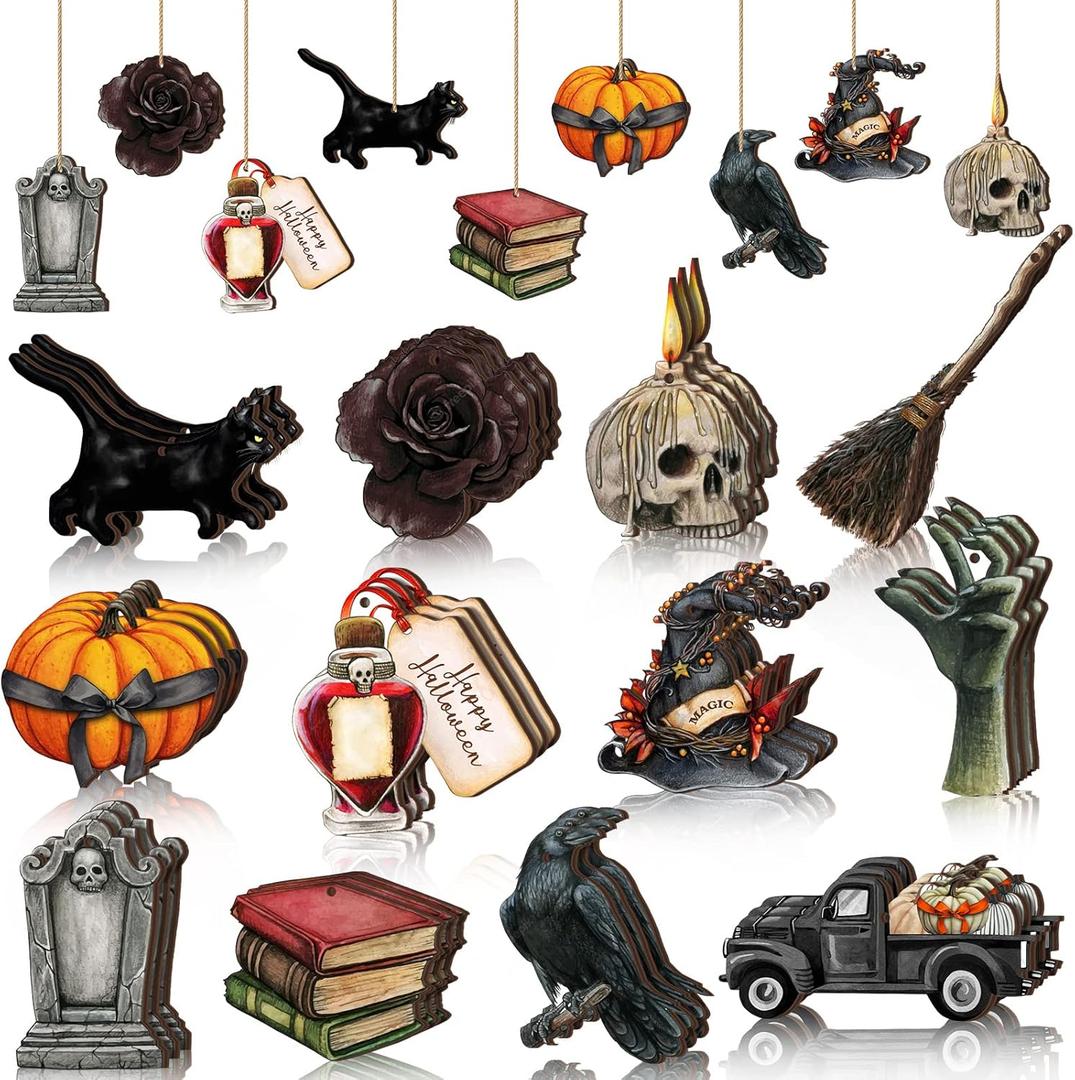 Maitys 36 Pcs Halloween Wood Ornaments for Tree Gothic Halloween Decorations Skull Black Cat Pumpkin Hanging Signs Witch Hats Finger Crow Wood Cutouts with Ropes for Home Small Tree Party Indoor Decor