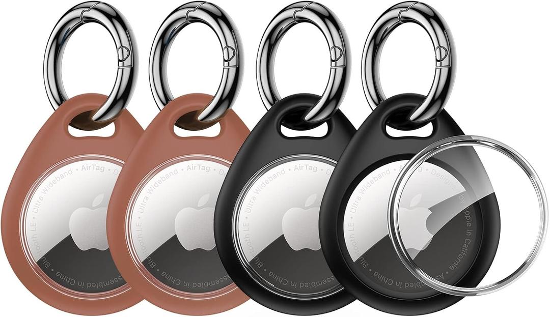 UNBREAKcable Apple AirTag Holder - 4 Pack [Fit Tightly Design] [Easy to Install] [Hold Air Tag Securely] Waterproof TPU Shell Protective Case with All Metal Keychain Key Ring Clip (Black&Brown)