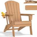 nevilywood Folding Adirondack Chair - Extended Ergonomic Backrest, Cup Holder - Easy Assembly - Durable HDPE Plastic, Weather Resistant & Maintenance-Free - Lawn, Patio, Deck Supports 380lbs,Teak (1PC)
