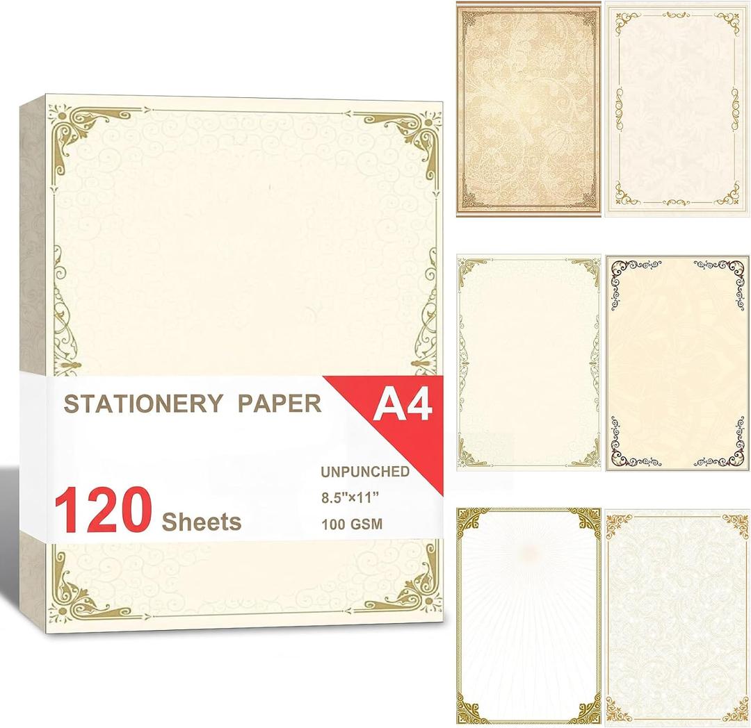 Supervitae 120 Sheet European Classical Stationery Paper for Letter Writing Scrapbook Paper Crafting Printing, 11.02 x 8.46 Inch Double Sided Printing, 6 Watercolor Designs