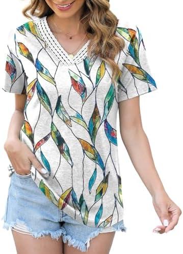 Womens Tops Dressy Casual V Neck Short Sleeve Lace Splice T Shirts Cute Fashion Clothes 2025, Large