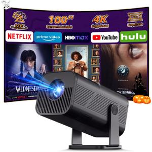 Smart Projector with WiFi and Bluetooth, 4k Support Portable Outdoor Projector, 200 ANSI Lumens, 210° Rotatable Stand, Auto Keystone, Built-in App Movie Proyector for Home & Camping (Black)