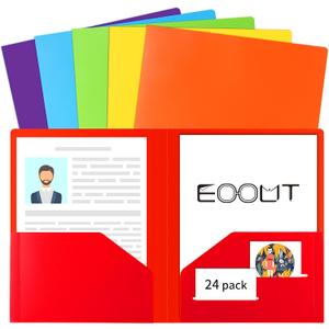 EOOUT 24pcs Folders with Pockets, Plastic Pocket Folders, 2 Pocket Folders with 2 Business Card Holder, 6 Colors, Letter Size, A4 Size, for Office, Teaching, Students and School