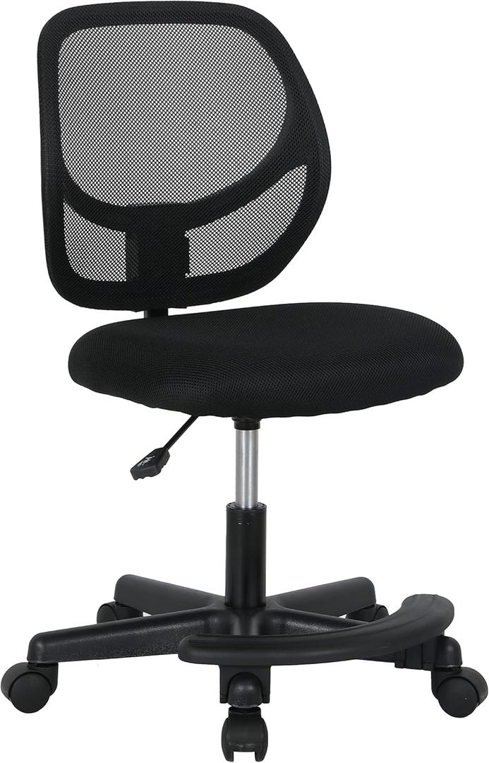 Amazon Basics Kids Adjustable Height Mesh Low-Back Swivel Desk Chair with Footrest, Rolling Chair with Casters for Smooth Mobility, Black, 21.85 x 21.85 x 29.33 inches
