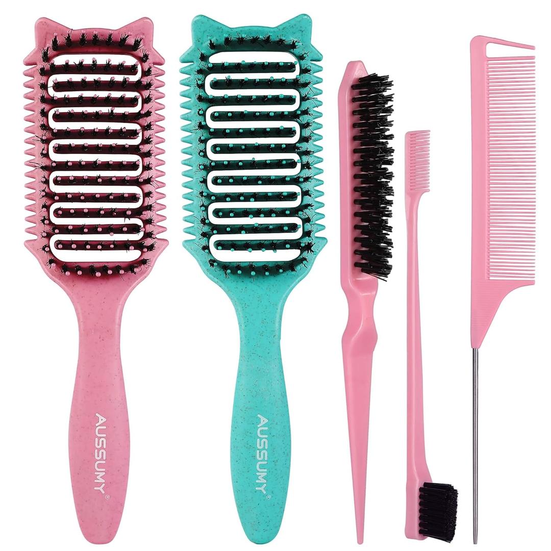 2 Pack Curly Defining & Detangling Brush - With Boar Bristle & 3 Styling Comb Tools  Shine to Shape & Define Natural Curl Waves & Coils - Vented Anti-Frizz Wet or Dry Hair for Women Men Kids (Emerrald Green + Blush Pink)