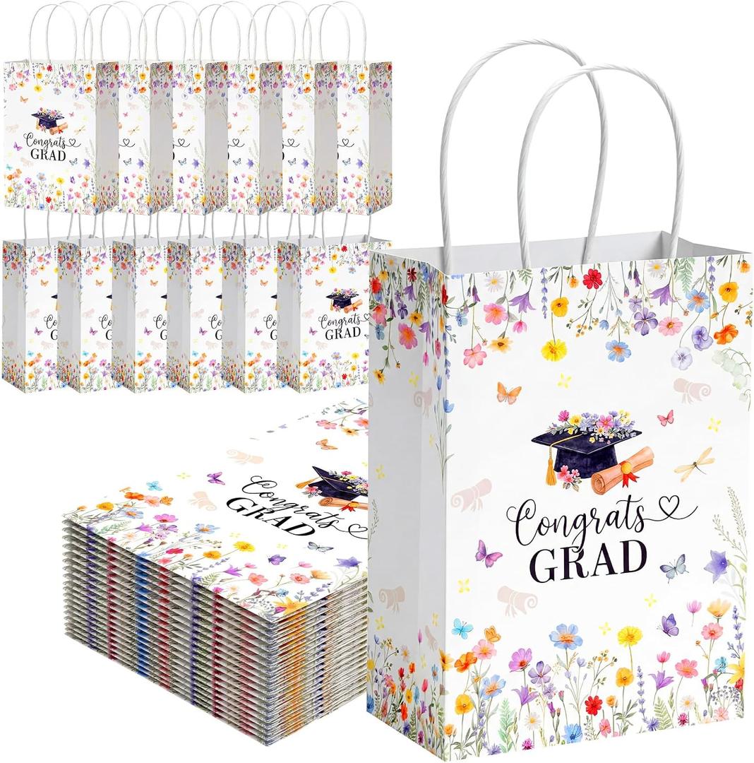 Gueevin 24 Pcs Wildflower Graduation Gift Bags 2026 Graduation Party Favors Floral Congrats Grad Paper Gifts Wrapping Bags for Class of 2026 Party Supplies Decoration (White)