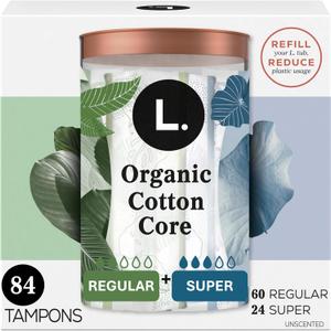 L. Cotton Tampons Regular/Super Absorbency Multipack, Free from Chlorine Bleaching, Pesticides, Fragrances, or Dyes, 42 Count x 2 Packs (84 Count Total)