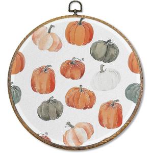 Sufamb Rustic Fall Pumpkin Round Wall Art Decor, Farmhouse Autumn Pumpkin Canvas Artwork Framed, Vintage Fall Wall Hanging Prints Decorations for Home Bedroom Living Room Kitchen Decor, 10x10 Inches (polychrome)