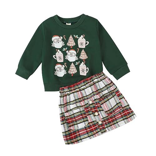 Noubeau Toddler Baby Girls Christmas Outfits Merry Bright Sweatshirt Shirt Tops Button Plaid Skirt Fall Winter Clothes (Green, 2-3 Years)