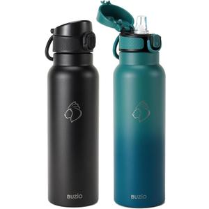 2PCS BUZIO 24oz Stainless Steel Water Bottle with Straw Lid, Vacuum Insulated Thermo Flask for Drinking Teens Double Wall Leakproof Travel Tumbler Mug for School, Cold for 48 Hrs (Black+Blue)