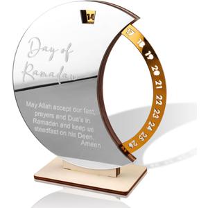 Rotatable Ramadan Advent Calendar Eid Mubarak Countdown Calendars Wooden Acrylic Round Ramadan Calendar Muslim Festival Reminder Desktop Decor Islamic Decorations for Home Islam Kareem Party Supplies (Silver)
