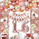 16th Rose Gold Birthday Party Decorations for Girls, Rose Gold Happy Birthday Banner, Fringe Curtains, Heart Foil Balloons, Confetti Balloons, Cake Topper for 16th Birthday Decorations