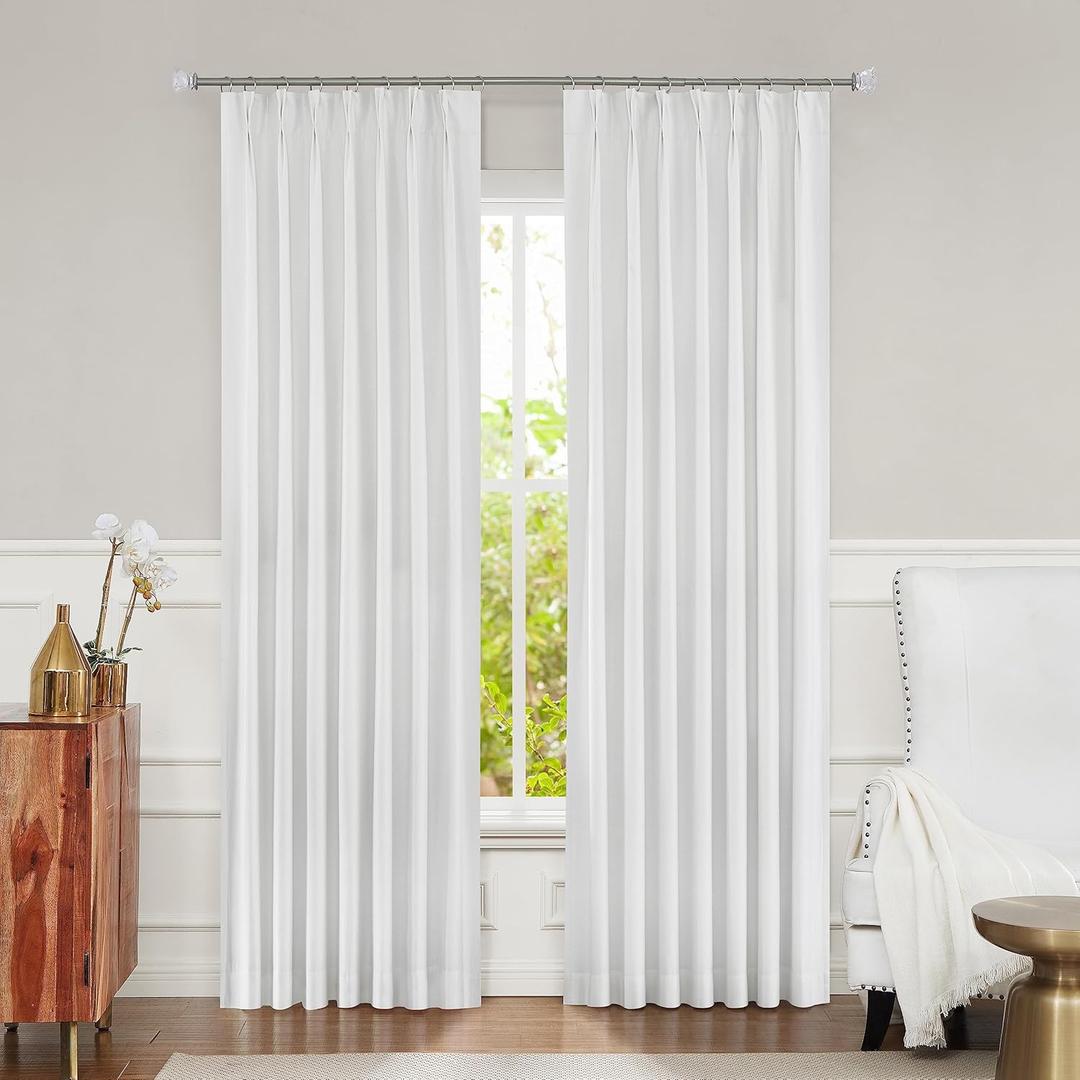 White Full Blackout Pinch Pleated Curtain 95 Inches Long for Bedroom Noise Reducing Window Treatment Thermal Insulated Backtab Drapes with 9 Hooks (Ring not Include), 40"x95"x2, Bright White