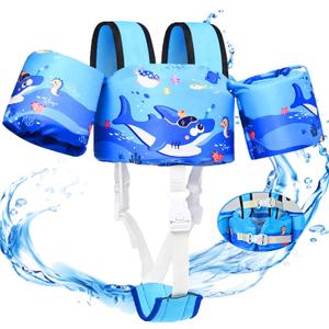 Toddler Swim Vest, Toddler Floaties for 22-66 lbs Boys & Girls, Kids Puddle Jumper Removable with Crotch Strap & Shoulder Harness Arm Wings for 1 2 3 4 5 6 7 Years Old Baby Children Sea Beach Pool (0 Blue-Shark)