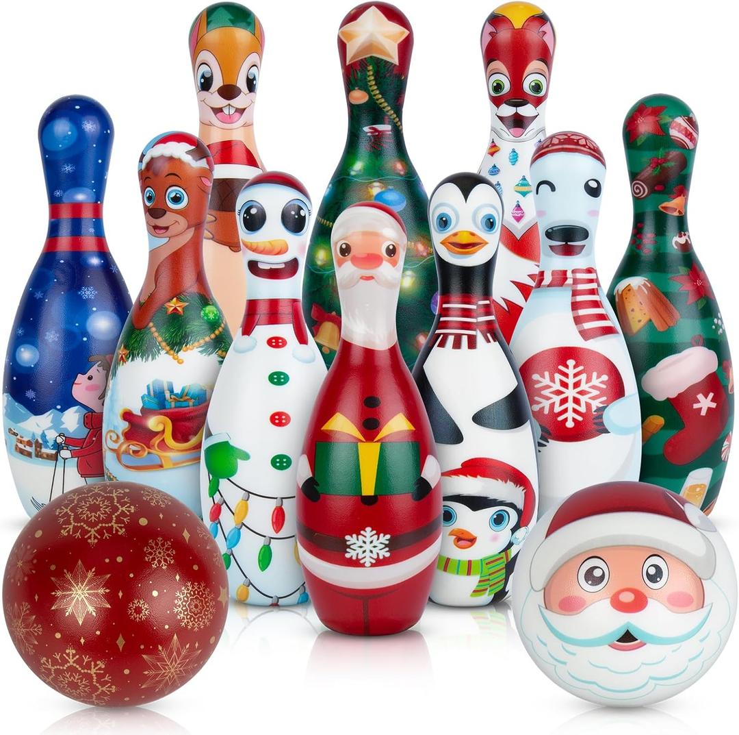Christmas Bowling Set for Kids Toddler Party Supplies, Christmas Bowling Game for Kids Bowling Pins Bowling Balls for Family Indoor Outdoor Party Games Kids Party Decor, Winter Holiday Games for Kids