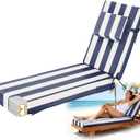 Chaise Lounge Cushions Outdoor 72x21x6 Inch, Fade Resistant 6'' Thicken Outdoor Lounge Chair Cushion with Headrest, Water-Resistant Patio Lounger Pad with Straps, Blue White Striped