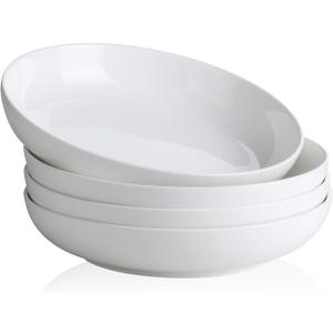 YHY Pasta Bowls Set of 4, 22 oz Ceramic Salad Plates, 7.8 Inch Wide Shallow Porcelain Dishes for Dinner, Microwave & Dishwasher Safe, White