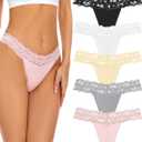voenxe Seamless Thong for Women,No Show Lace Underwear,Ladies Cotton Blend Breathable Panties,Comfort Soft Undie,Tanga,5-Pack (Small, Basic)