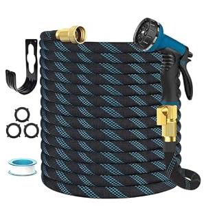 Garden Hose Non-Expandable 75 ft, Lightweight Flexible Water Hose with 10 Function Spray Nozzle, Outdoor Leak Proof, Kink-Free, Portable Hose for Yard, Lawn, Camper, High-Density Fabric, Black Blue