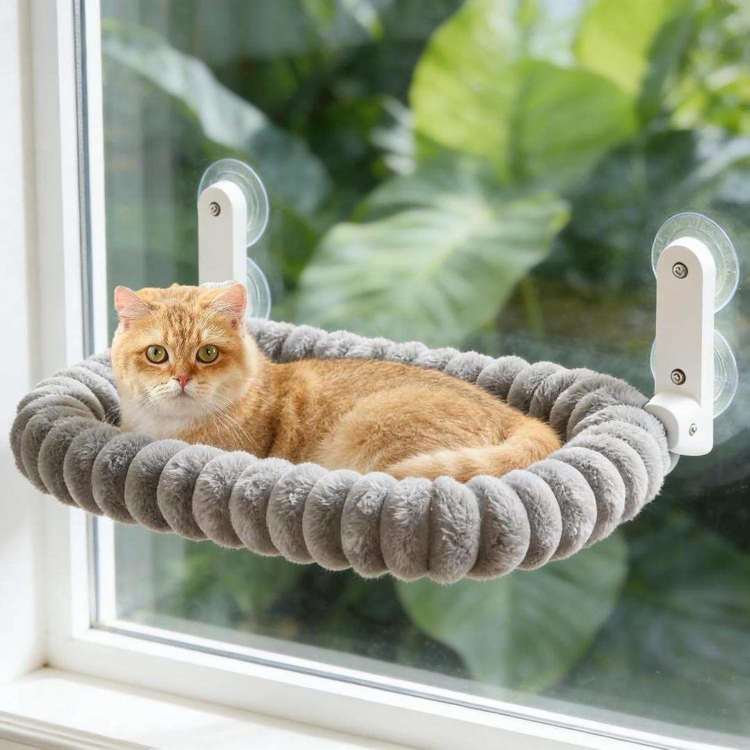 Zoratoo Cat Window Perch with Bolster, Cordless Foldable Cat Window Hammock with Strong Suction Cups & Metal Frame, Machine Washable Pet Bed for Indoor Cats (Gray, Medium)