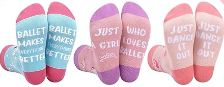 Hercicy 3 Pairs Dance Ballet Socks for Girls Kids Funny Cotton Crew Ballerina Socks Novelty Gifts for Dancer, Aged 6-10
