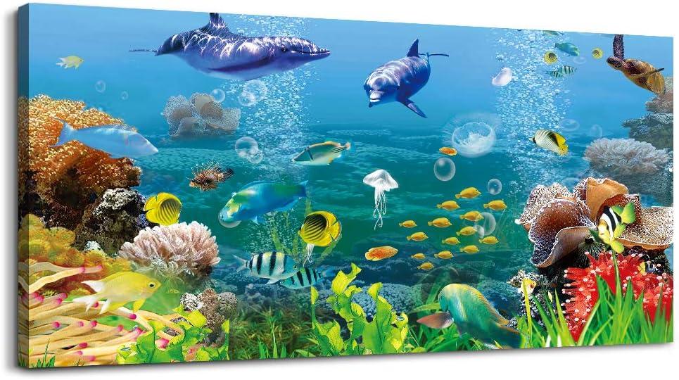 MHARTK66 Canvas Wall Art - Coral and Fish Modern Home Decor Stretched and Framed Ready to Hang Ocean Theme Sea Fish and sea Turtles Mediterranean Style Canvas Prints The living room Wall Decor (40L" x 20W")