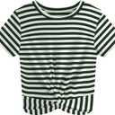 JINKESI Women's Summer Causal Short Sleeve Blouse Round Neck Crop Tops Twist Front Tee T-Shirt (C12 Green Stripe, Small)