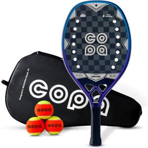 Beach Tennis Racket 18k Carbon Fiber with Padded Bag Copa Jupiter EVA Memory Foam Core, Sand Grit Finish Beach Tennis Paddle ITF Regulation Balls Included., One Size
