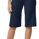 G4Free Capri Pants for Women 14" Knee Length Wide Leg Yoga Capris Dressy Casual Summer Crop Pants with Pockets (Large, Dark Navy)