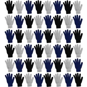 48 Pairs Winter Magic Gloves, Bulk Warm Brushed Interior, Stretchy Assorted Mens Womens (Assorted Black / Navy / Gray)